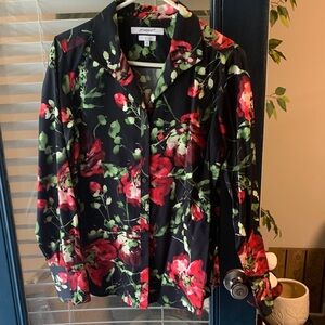Foxcroft Black Button-Down Blouse with Red Floral Print